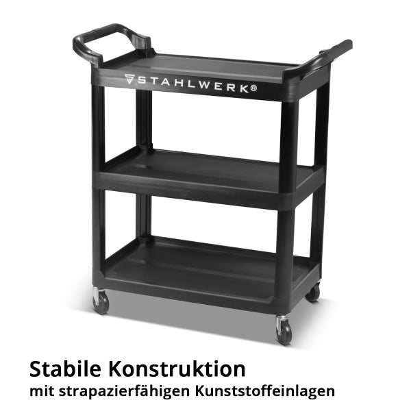 Schwarzer Stahlwerk Etagenwagen aus Kunststoff mit drei Ablageflächen, zwei Griffen und vier Lenkrollen.