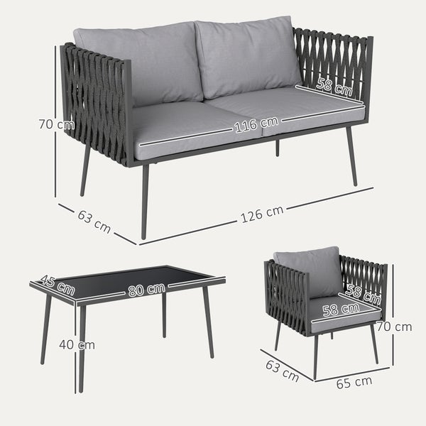 Outsunny Gartenmöbel Set 4 Personen wetterfest Balkonmöbel-Set mit 2er Sofa, Sessel Glastisch Sitzkissen Outdoor Sitzgruppe Gartengarnitur Gartenlounge für Garten Balkon Hellgrau