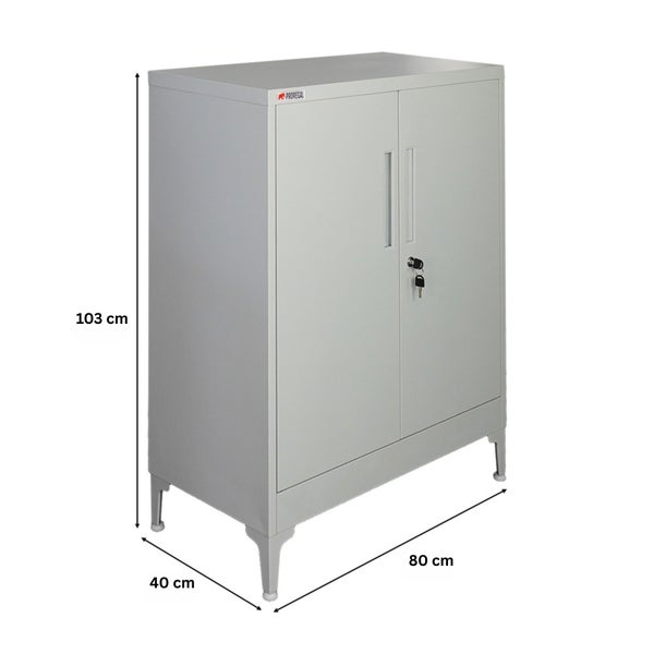 Proregal Metallschrank mit 2 Türen, abschließbar, Maße 103 mal 80 mal 40 Zentimeter, grau.