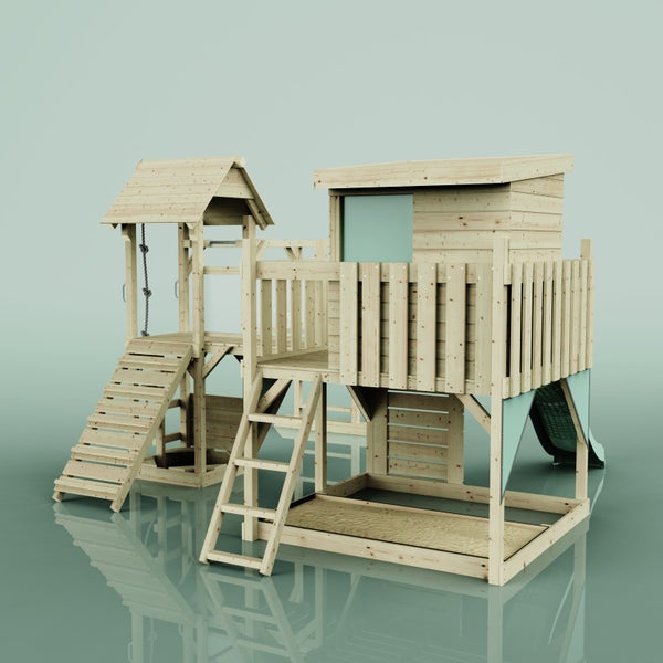 Holz-Spielhaus mit Rutsche, Leiter und Kletterseil für den Garten