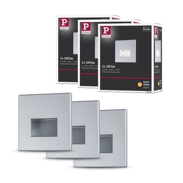Set mit drei Paulmann LED Wandeinbauleuchten quadratisch in matter Chromoptik mit 100 Lumen und warmweißer Lichtfarbe inklusive Verpackung