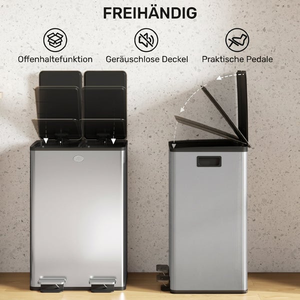 Zwei Abfalltrennsysteme aus Metall mit Pedalbedienung, Soft-Close-Deckel und Offenhaltefunktion für eine hygienische Abfallentsorgung.