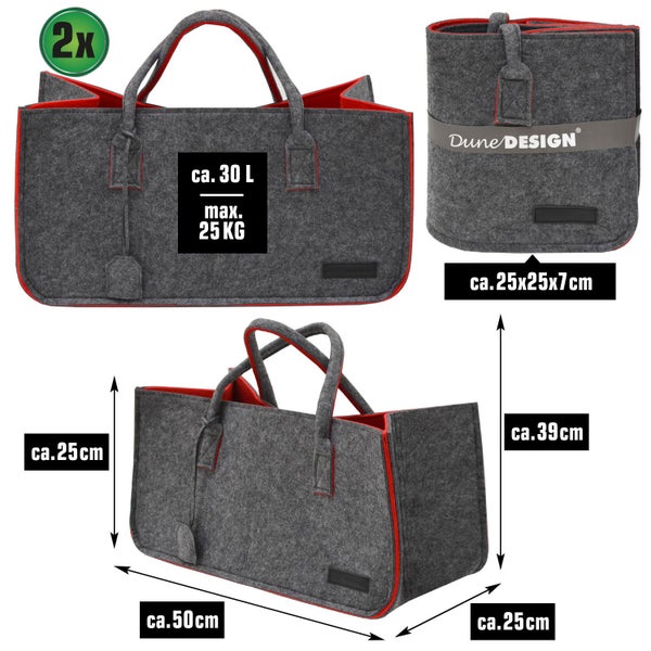 Set aus zwei Filz-Kaminholztaschen von Dune Design mit Tragegriffen, Maße circa 50 mal 25 mal 39 Zentimeter, Tragkraft bis 25 Kilogramm.