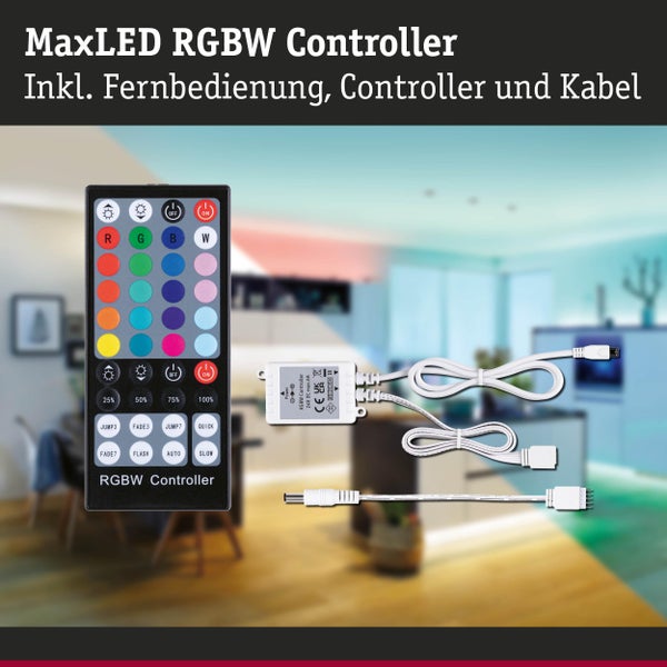 MaxLED RGBW Controller inklusive Fernbedienung, Controller und Anschlusskabeln für die Lichtsteuerung.
