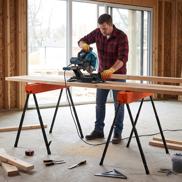 Handwerker beim Zuschneiden von Holzbalken mit einer Kappsäge auf stabilen Arbeitsböcken in einem Rohbau.