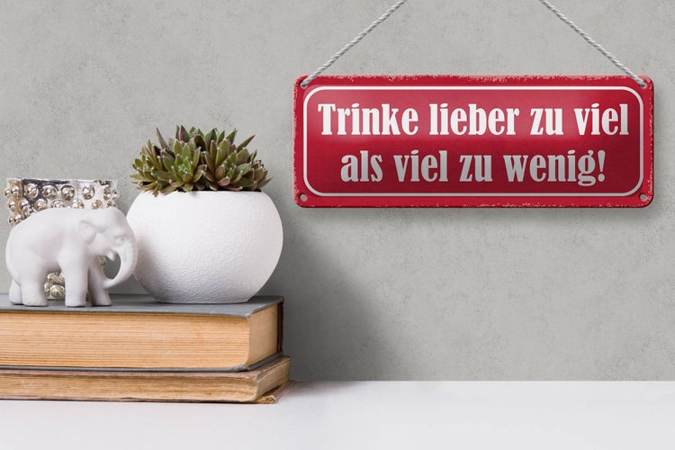 Blechschild Spruch 27x10cm trinke lieber zu viel als wenig Dekoration
