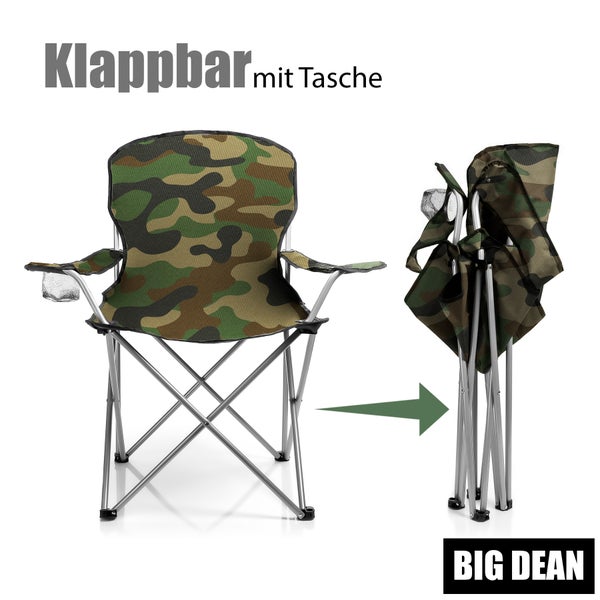 BigDean Campingstuhl für Personen ab 1,70 m - Großer Bequemer Faltstuhl in Camouflage – Anglerstuhl belastbar bis 120 kg – der Klappstuhl mit extra großer Sitzfläche für ultimativen Komfort im Freien