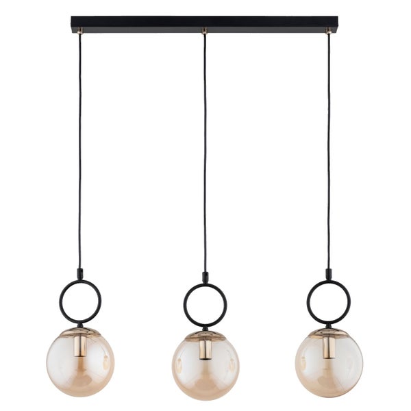 Moderne Pendelleuchte mit drei runden Glaskugeln an einer rechteckigen Deckenhalterung, Metallgehäuse im modernen Stil