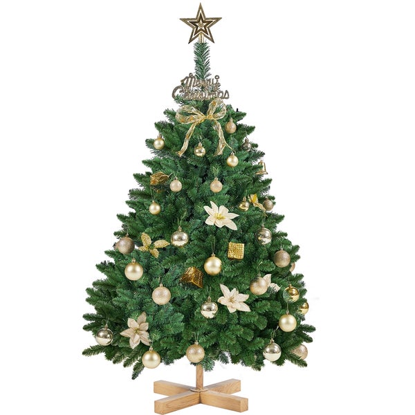 Abbildung eines künstlichen Weihnachtsbaums mit Holzständer und Maßangaben