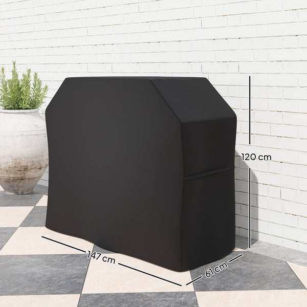 Schwarze Grillabdeckung mit den Maßen 120 cm Höhe, 147 cm Länge und 61 cm Breite