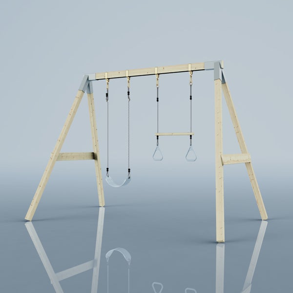 Schaukelgestell aus Holz mit einer Einzelschaukel und einem Trapez mit Ringen.