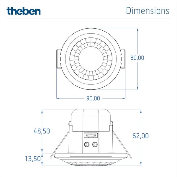 Theben 1030052 LUXA 103 S360-100-12 DE-UP WH I PIR I Passiv Infrarot Präsenzmelder I 360° Erfassungsbereich I 1 Kanal I Unterputz I Bis 400W LED I 230 V
