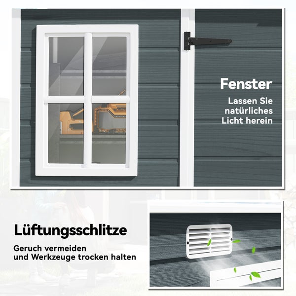 Gartenhaus mit Fenster für natürliches Licht und Lüftungsschlitzen zur Vermeidung von Gerüchen und Feuchtigkeit.