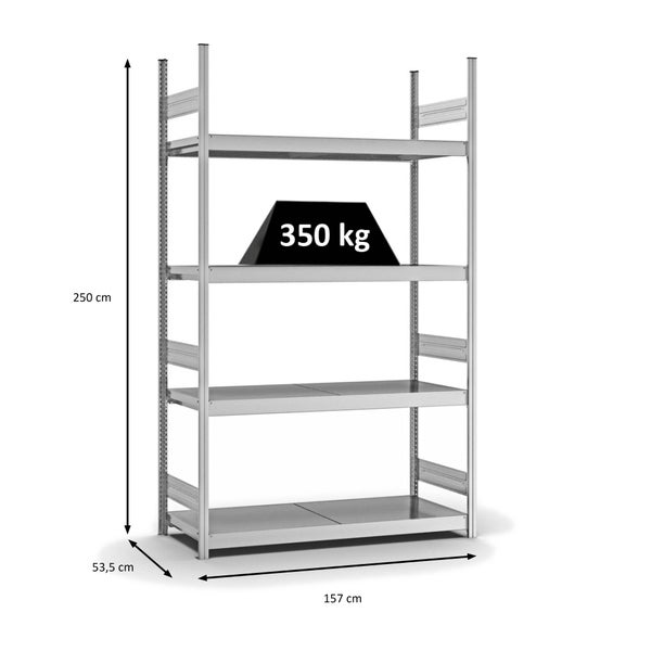 PROREGAL Weitspannregal Stecksystem T-Profil Grundregal HxBxT 250x150x50 cm 4 Ebenen Stahlplatten Fachboden Fachlast 350 kg Verzinkt