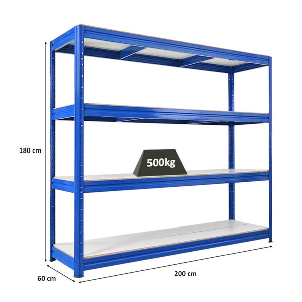 Blaues Schwerlastregal mit vier Ebenen und einer Traglast von 500 kg, Abmessungen 180 cm x 200 cm x 60 cm.
