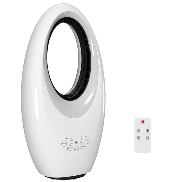 Weißer blattloser Ventilator in Ovalform mit Fernbedienung und Touch-Bedienfeld für Geschwindigkeit, Timer und Beleuchtung.