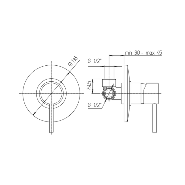 Technische Zeichnung eines Unterputz-Mischers mit Maßangaben