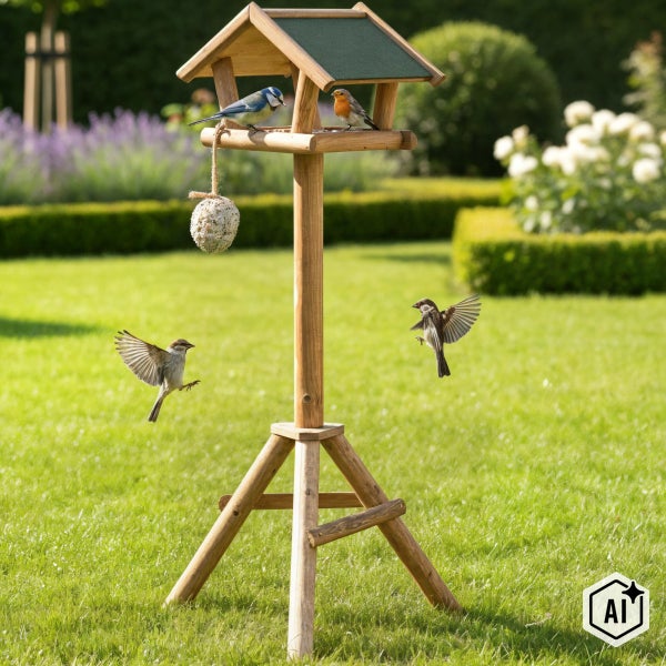 Futterhaus auf Standfuß aus Holz für den Garten mit Vögeln und Meisenknödel auf einer Wiese.
