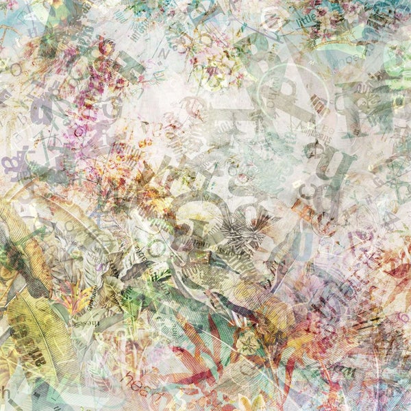 Abstraktes Design mit Blumen, Blättern und Textelementen für Wandgestaltung