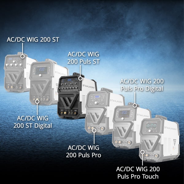 Produktübersicht verschiedener Stahlwerk AC/DC WIG Schweißgeräte der Serien ST, Puls und Pro mit digitalen Anzeigen.