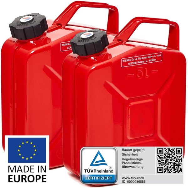 Zwei rote 5-Liter-Benzinkanister aus Stahl mit TÜV Rheinland-Zertifizierung und Made in Europe Siegel.