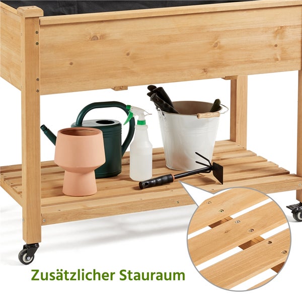 Hochbeet aus Holz mit Ablagefläche und Gartenzubehör