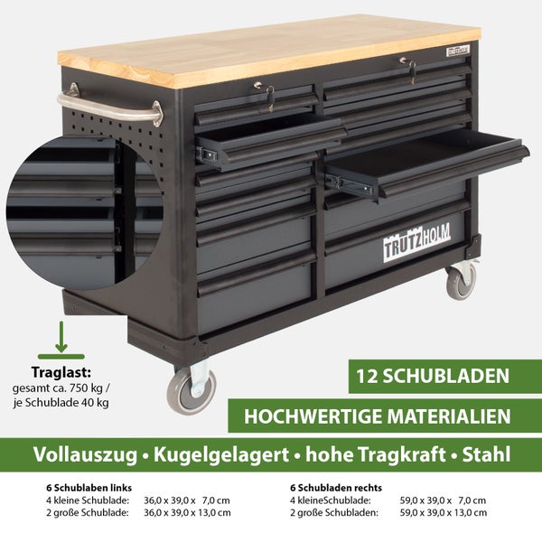 Werkstattwagen DELUXE 12 Schubladen unbestückt mit massiver Arbeitsplatte Anthrazit/grau