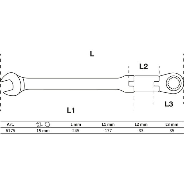 Technische Zeichnung eines 15 mm Maulschlüssels mit Ringratschenschlüssel