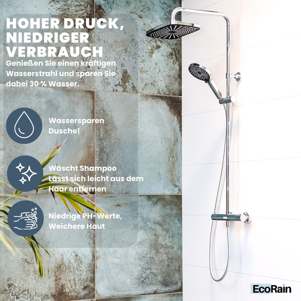 EcoRain 30% Wassersparender Regendusch-Duschset Melvin 30 CM - Handbrause 13 CM - Hoher Druck - Universell - Anti-Kalk Duschkopf - Chrom