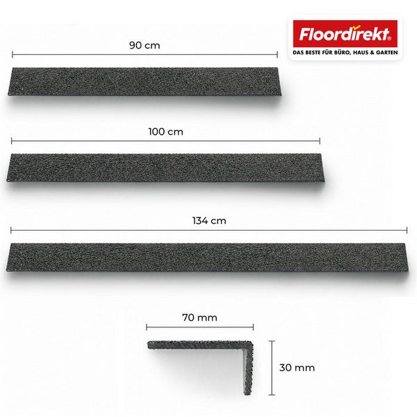 Drei rutschfeste Treppenkantenprofile in verschiedenen Längen von 90 100 und 134 Zentimeter und ein Querschnittsprofil von Floordirekt Logo.