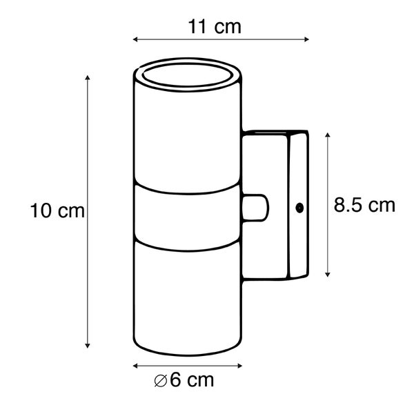 Maßzeichnung einer zylindrischen Wandleuchte: Höhe 10 Zentimeter, Breite 11 Zentimeter, Durchmesser 6 Zentimeter, Wandhalterung 8,5 Zentimeter.