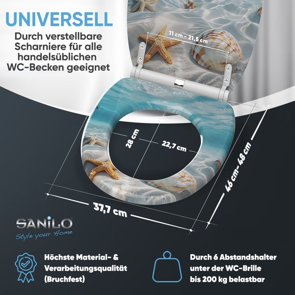 Sanilo WC-Sitz mit Strandmotiv und verschiedenen Größenangaben