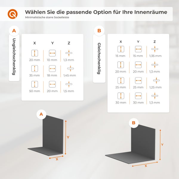 Übersicht zu Abmessungen von ungleichschenkligen und gleichschenkligen Sockelleisten mit Maßtabellen für X, Y und Z Maße.