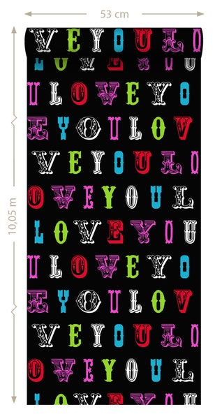 Tapetenrolle mit dem Aufdruck 'I Love You' und den Maßen 53 cm x 10,05 m.