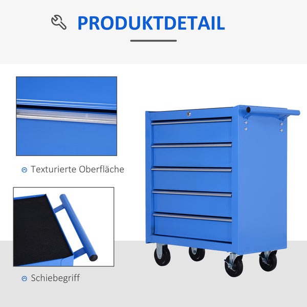 HOMCOM, Fahrbarer Werkzeugwagen, Werkstattwagen, 67,5L x 33B x 77H cm, Stahl, Blau