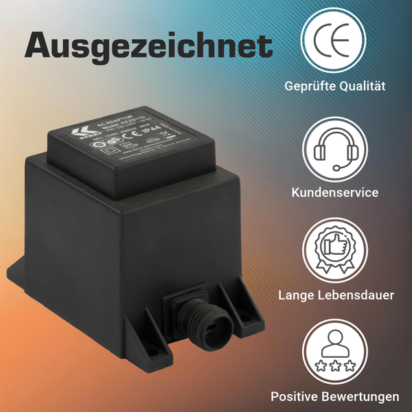 Kerry AC Adapter Netzteil IP44 mit Symbolen für geprüfte Qualität, Kundenservice, lange Lebensdauer und positive Bewertungen.