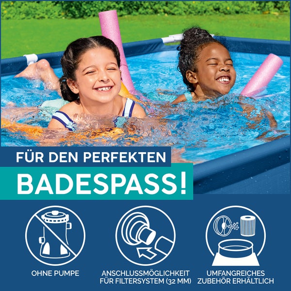 Zwei Kinder spielen in einem Pool. Ohne Pumpe, Anschlussmöglichkeit für 32 Millimeter Filtersystem, umfangreiches Zubehör erhältlich.