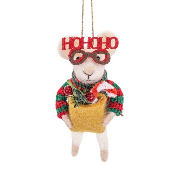 Weihnachtsbaumschmuck: Filz-Maus mit Brille, Pullover, Sack und Aufhängung