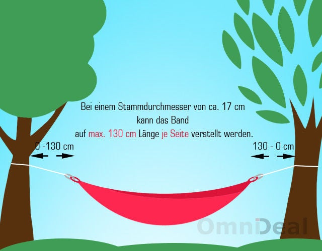 Hängematte zwischen Bäumen. Bei circa 17 Zentimeter Stammdurchmesser ist das Band bis maximal 130 Zentimeter pro Seite verstellbar. OmniDeal Logo.