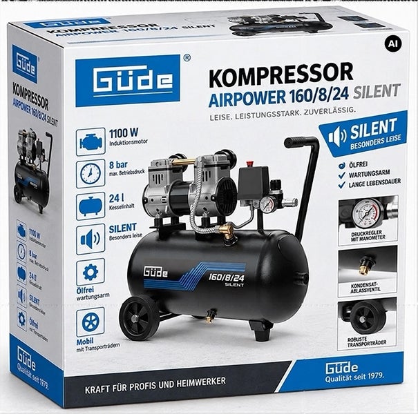 Güde Kompressor Airpower 160 8 24 Silent mit 1100 Watt Induktionsmotor, 8 Bar Druck und 24 Liter Kesselinhalt auf der Produktverpackung.