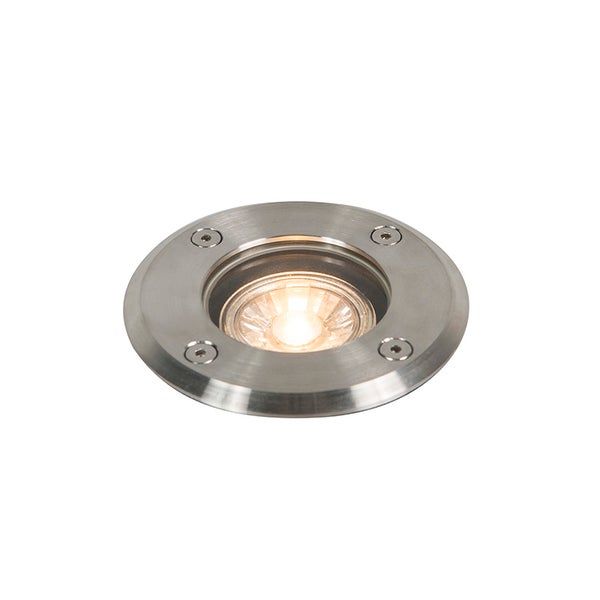 Runder Boden-Einbaustrahler aus Edelstahl mit Glasabdeckung und warmweißem Licht.