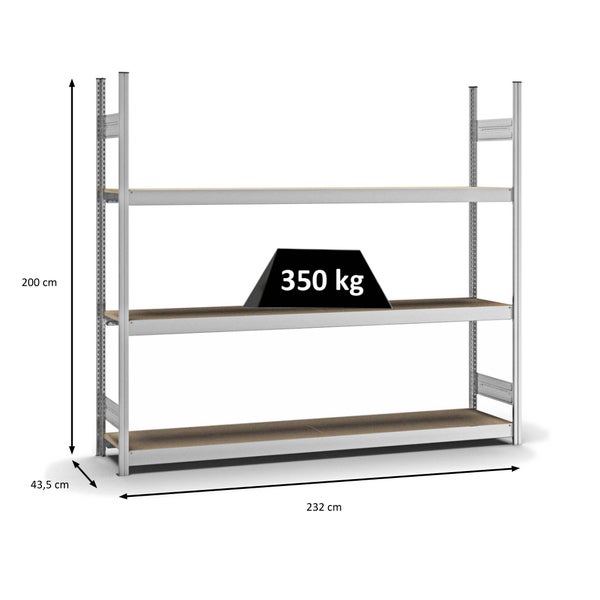 PROREGAL Weitspannregal Stecksystem T-Profil Grundregal HxBxT 200x225x40 cm 3 Ebenen Spanplatten Fachboden Fachlast 350 kg Verzinkt
