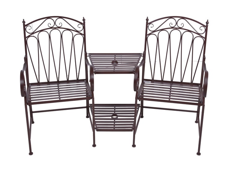 Gartenbank aus Metall mit zwei Sitzen und integriertem Abstelltisch im nostalgischen Design.