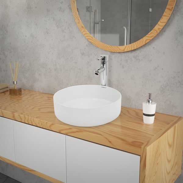 ECD Germany Design Waschbecken Waschtisch Ø 355 x 120 mm inkl. Ablaufgarnitur für Waschbecken ohne Überlauf Keramik Rund Weiß Aufsatzbecken Aufsatzwaschbecken Waschschale Aufsatzwaschtisch Spülbecken