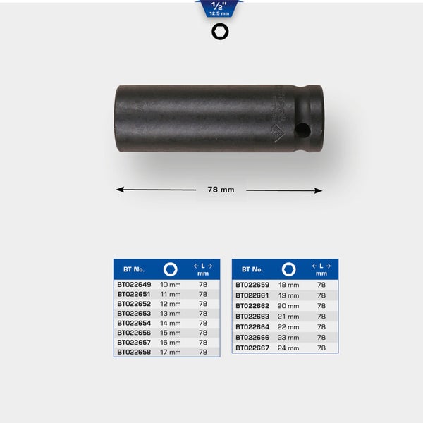 Steckschlüssel mit 12,5 Millimeter Antrieb und einer Länge von 78 Millimeter