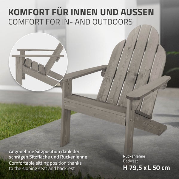 ECD Germany Adirondack-Stuhl 2er Set aus Tannenholz Massiv, 92,5x70x89 cm, Grau, Gartenstuhl mit Rückenlehne und Armlehnen, Ergonomischer Holzstuhl, Gartensessel, Relaxstuhl für Balkon, Garten, Strand