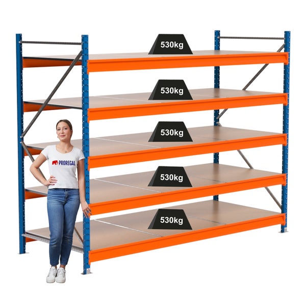 Lagerregal mit fünf Ebenen und einer Traglast von 530 Kilogramm pro Ebene