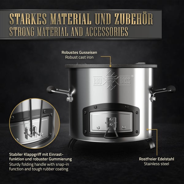 BBQ#BOSS Raketenofen, Silber, Edelstahl Campingofen, Campingkocher Holz Kohle, Camping BBQ Holzofen zum Kochen, Outdoor-Küche, Gusseisen Grillpfanne, Raketenherd Campinggrill, Dutch Oven Rocket Stove