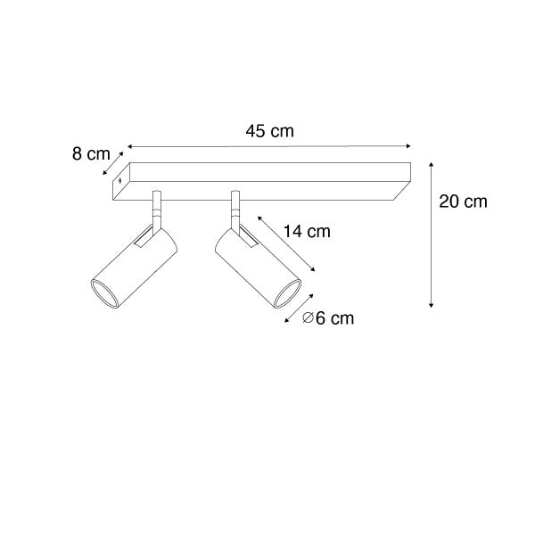 Technische Zeichnung einer Deckenleuchte mit zwei Strahlern und Maßangaben