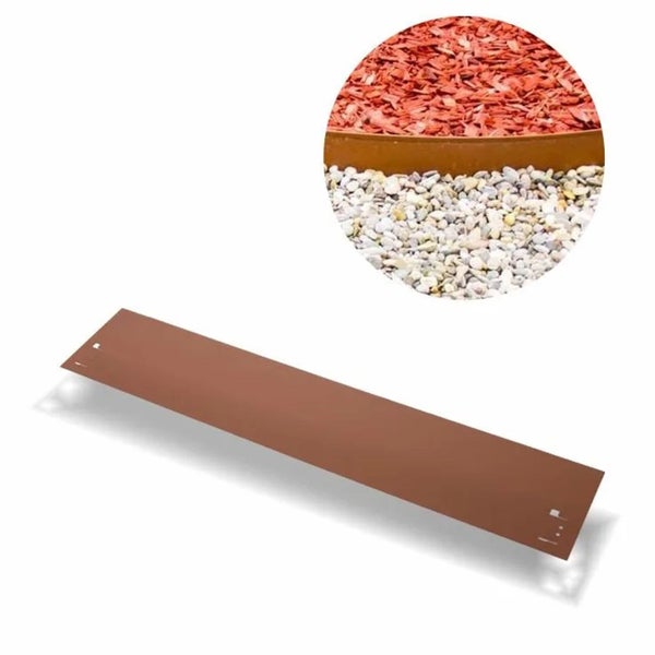Beeteinfassung aus Metall als gerade Rasenkante zur Abgrenzung von Gartenbeeten und Kieswegen